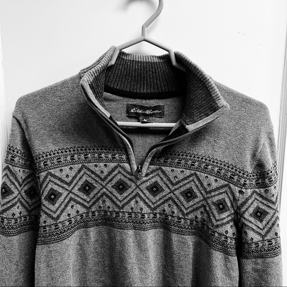 Eddie Bauer Mens S Gray Fair Isle 1/4 Zip Cotton Sweater